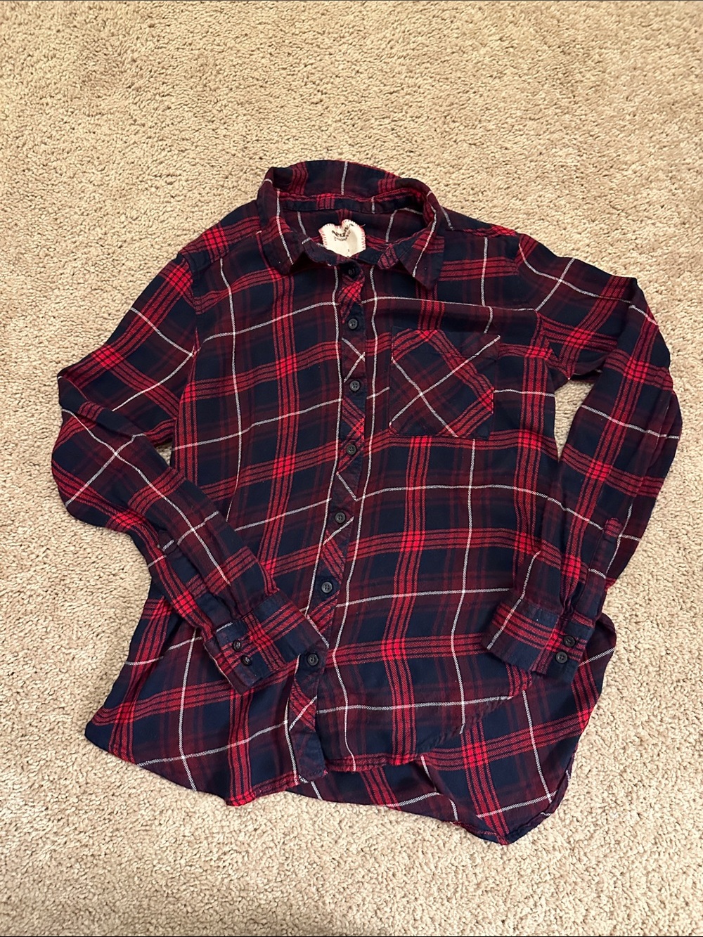 Arizona Jean Company Red and Navy Plaid Button-Down Shirt